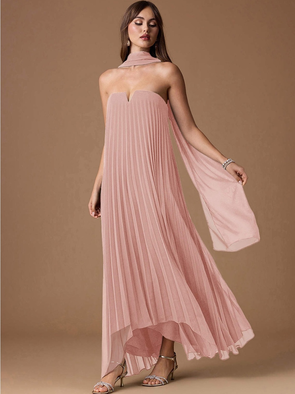 Azazie Strapless Blush Pink Pleated Evening Gown